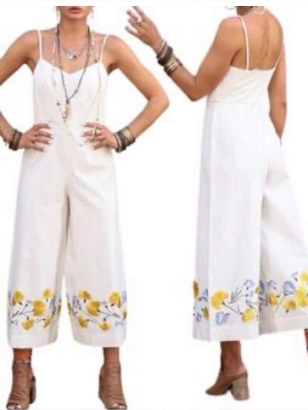 Club Monaco Cream jumpsuit with Yellow & Blue Floral Embroidery
